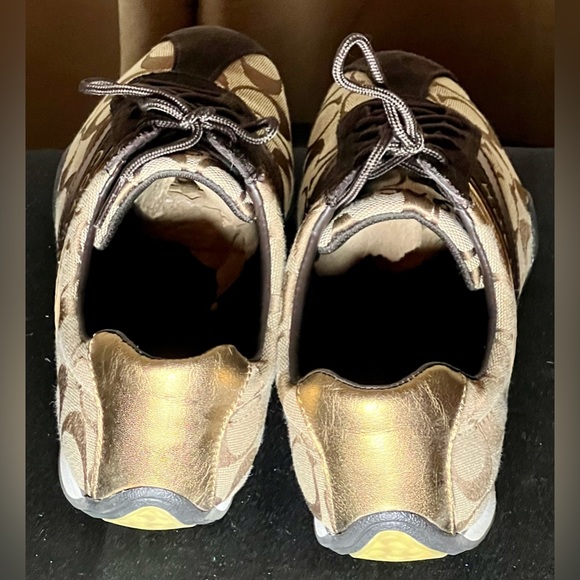Brown and tan coach sneakers for women. Gold back and trim - Picture 2 of 6